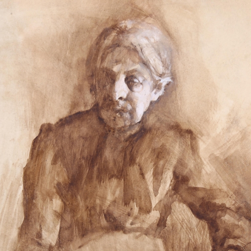 255 - Eugen Hersch (1887 - 1967), study of an old woman, brown wash and white heightening, 30cm x 21cm, fr... 