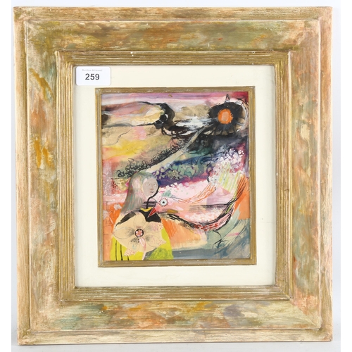 259 - Belinda Henderson (1908 - 1988), girl and bird, gouache, 19cm x 16cm, framed