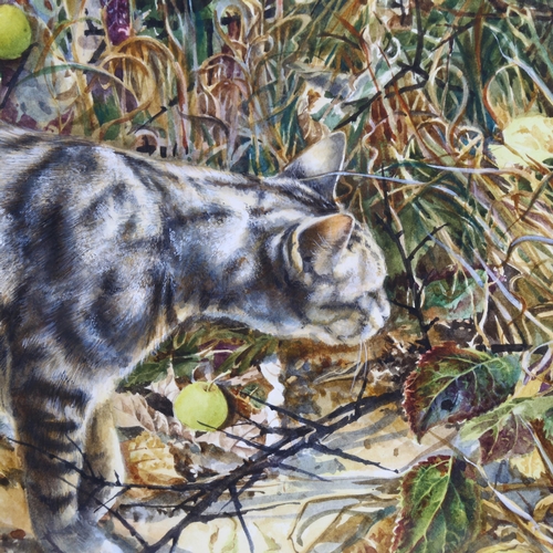 34 - Lesley Fotherby (born 1946), prowling cat, watercolour, 36cm x 53cm, mounted