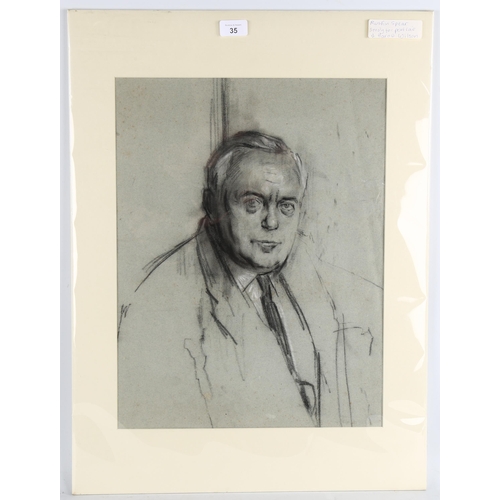 35 - Ruskin Spear (1911 - 1990), portrait of Harold Wilson, charcoal/chalk, study for final painting, Stu... 