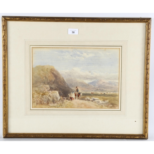 38 - David Cox (1783 - 1859), travellers in Welsh mountain landscape, watercolour, signed with indistinct... 