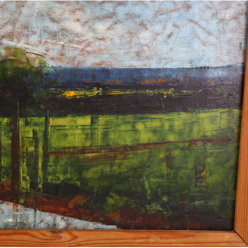 6 - Peter Edwards, landscape, oil on board, signed with monogram, artist's label verso, 45cm x 57cm, fra... 