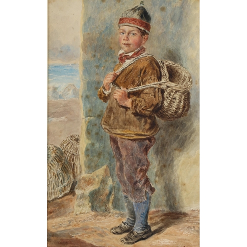 62 - William Henry Hunt (1790 - 1864), portrait of a fisherboy, watercolour, signed, 33cm x 20cm, framed