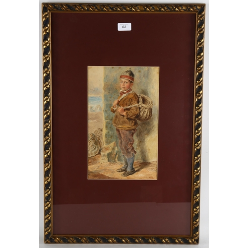 62 - William Henry Hunt (1790 - 1864), portrait of a fisherboy, watercolour, signed, 33cm x 20cm, framed