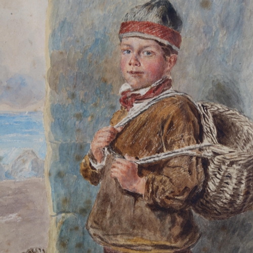 62 - William Henry Hunt (1790 - 1864), portrait of a fisherboy, watercolour, signed, 33cm x 20cm, framed