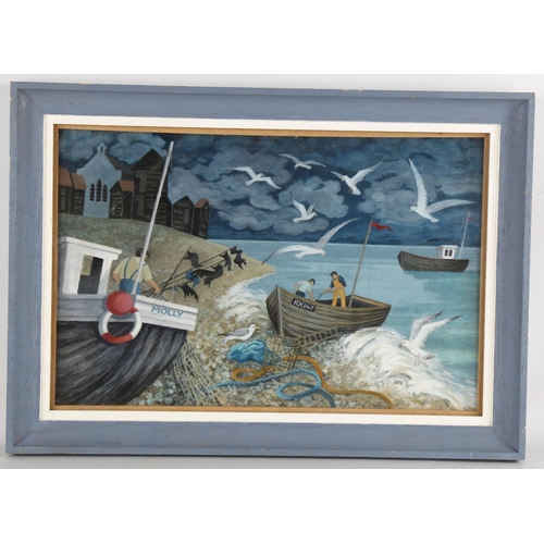 66 - Val Falla, Stormy Skies (Hastings), acrylic on board, signed, 28cm x 43cm, framed