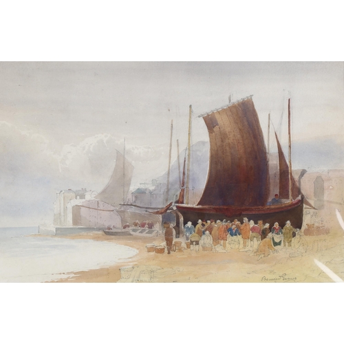 69 - Bernard Evans (1848 - 1922), fisherfolk on Hastings beach, watercolour, signed, 32cm x 48cm, mounted