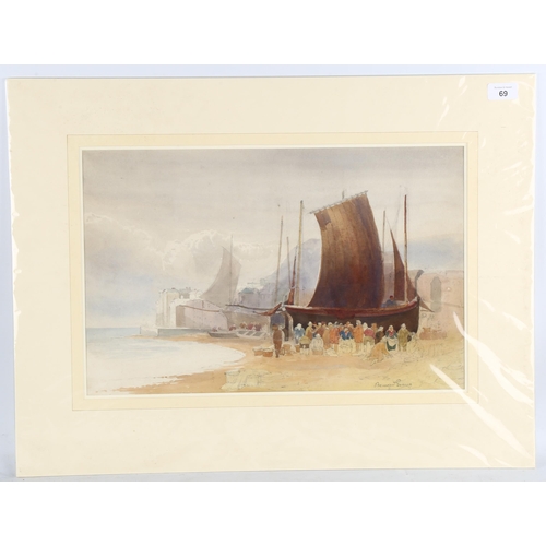 69 - Bernard Evans (1848 - 1922), fisherfolk on Hastings beach, watercolour, signed, 32cm x 48cm, mounted