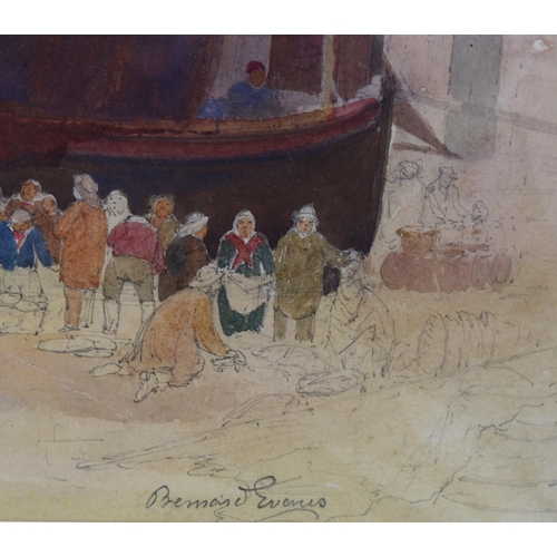 69 - Bernard Evans (1848 - 1922), fisherfolk on Hastings beach, watercolour, signed, 32cm x 48cm, mounted