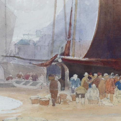 69 - Bernard Evans (1848 - 1922), fisherfolk on Hastings beach, watercolour, signed, 32cm x 48cm, mounted