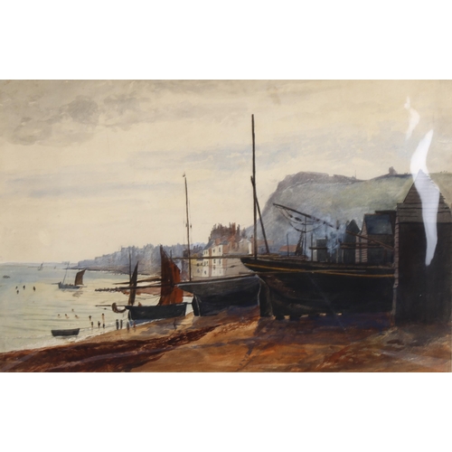 70 - English School circa 1900, net huts at Hastings, watercolour, unsigned, 32cm x 48cm, mounted