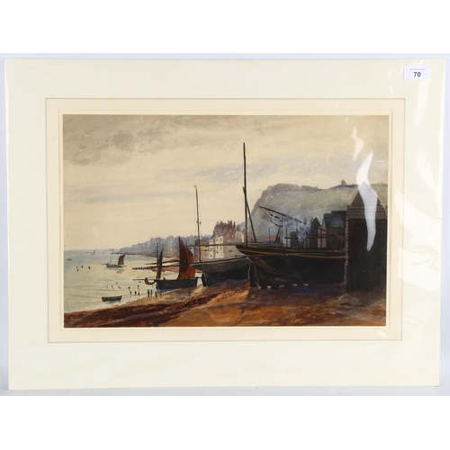 70 - English School circa 1900, net huts at Hastings, watercolour, unsigned, 32cm x 48cm, mounted