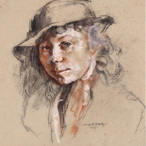 74 - 20th century British School, portrait of a girl, coloured pastels on grey paper, indistinctly signed... 