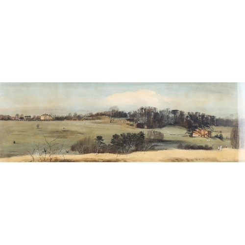 75 - Leslie Worth (1923  - 2009), Woodcoat Park Epsom, watercolour, signed and dated 1957, 18cm x 54cm, f... 