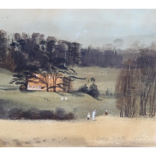 75 - Leslie Worth (1923  - 2009), Woodcoat Park Epsom, watercolour, signed and dated 1957, 18cm x 54cm, f... 