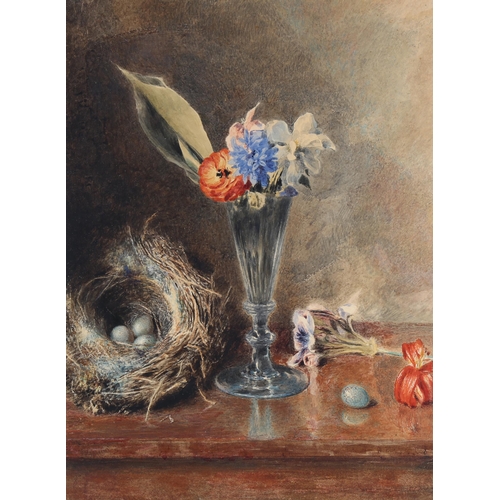 79 - William Henry Hunt OWS (1790 - 1864), bird's nest and glass of flowers, watercolour, signed and date... 