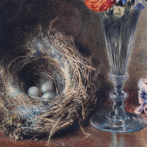 79 - William Henry Hunt OWS (1790 - 1864), bird's nest and glass of flowers, watercolour, signed and date... 