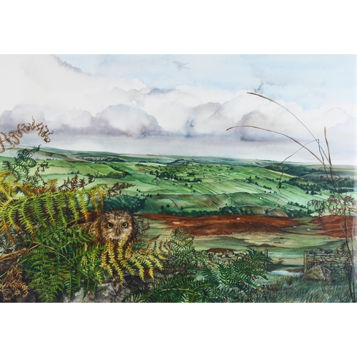 88 - Lesley Fotherby (born 1936), owl in landscape, watercolour, 37cm x 52cm, framed