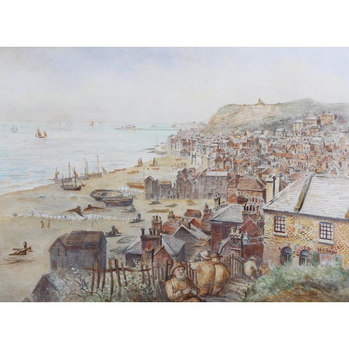 91 - 19th century English School, view over Hastings Old Town and net huts, watercolour, unsigned, 26cm x... 