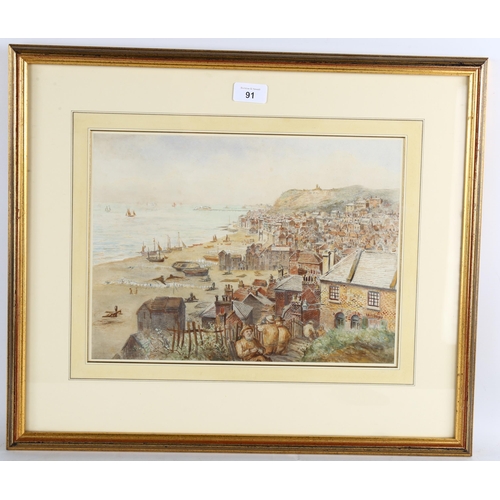 91 - 19th century English School, view over Hastings Old Town and net huts, watercolour, unsigned, 26cm x... 