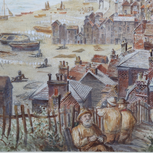 91 - 19th century English School, view over Hastings Old Town and net huts, watercolour, unsigned, 26cm x... 