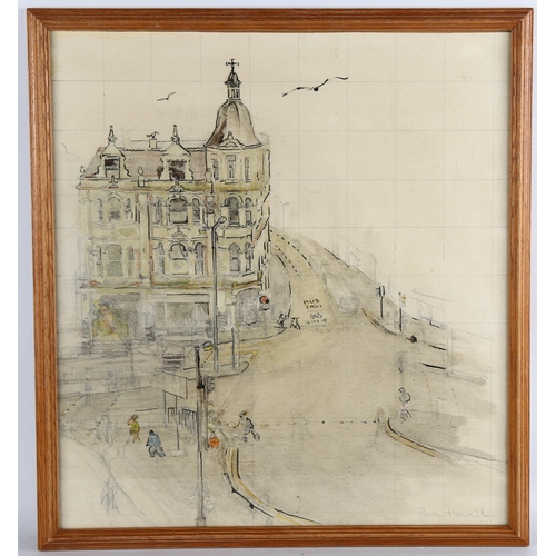 92 - Dean Howell (born 1946), buildings on Hastings seafront, ink/watercolour, signed, 52cm x 47cm, frame... 