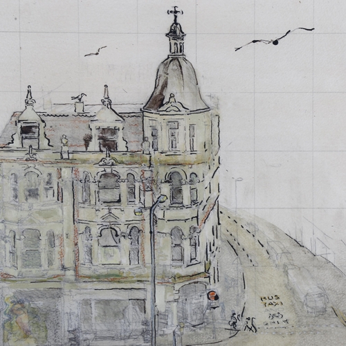 92 - Dean Howell (born 1946), buildings on Hastings seafront, ink/watercolour, signed, 52cm x 47cm, frame... 