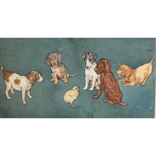 99 - Early 20th century British School, group of puppies with a chick, watercolour, unsigned, 23cm x 42cm... 