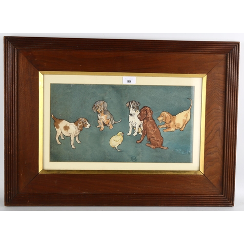 99 - Early 20th century British School, group of puppies with a chick, watercolour, unsigned, 23cm x 42cm... 