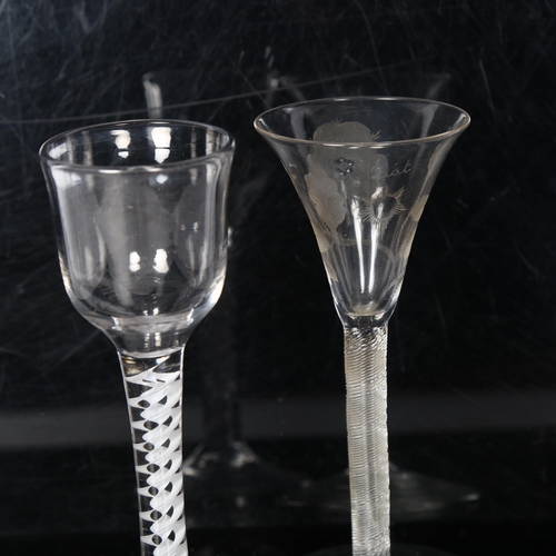 101 - A Georgian cordial glass with milk twist stem, H15.5cm, and an 18th century cordial glass with spira... 