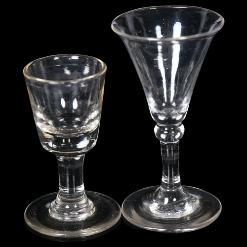 107 - 2 x 18th century liqueur glasses on plain stem and foot, H11cm and H9cm