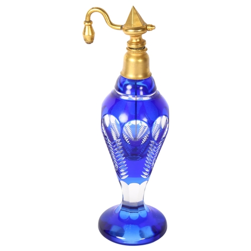 110 - A 19th century Bristol blue overlay glass atomiser perfume bottle, height 18cm