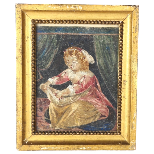 115 - Mid-19th century oil on board portrait of a young girl, indistinct inscription verso dated 1850, ori... 