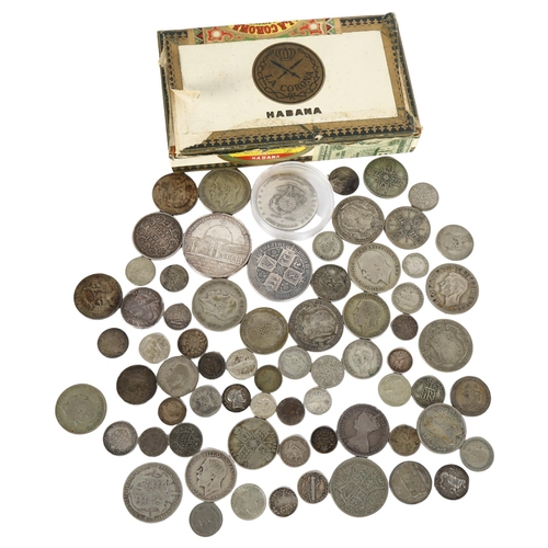 123 - A box of pre-decimal silver coins, including Victorian crowns, American dollar etc