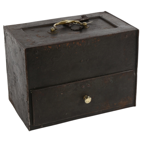 13 - A small Victorian cast-iron strong box with drawer, and single key, W24.5cm