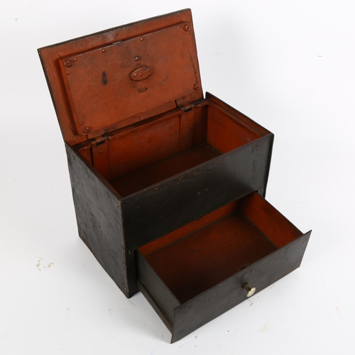 13 - A small Victorian cast-iron strong box with drawer, and single key, W24.5cm