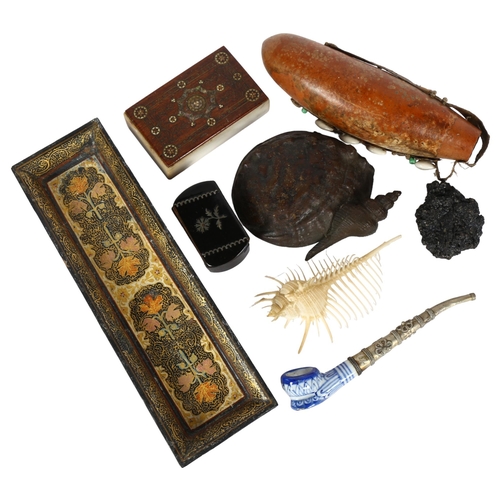 131 - A brass sea sail desk weight, a marble desk weight, Kashmiri pin tray, gourd, miniature puffer fish ... 