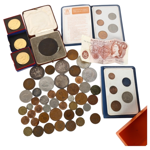 133 - A quantity of pre-decimal coins, including 1880 to 1889 Victorian crowns, souvenir medallions etc