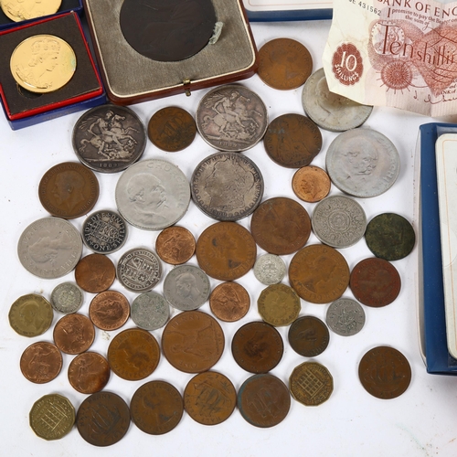 133 - A quantity of pre-decimal coins, including 1880 to 1889 Victorian crowns, souvenir medallions etc