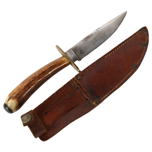 137 - ROWBOTHAM - an Antique horn-handled knife with leather scabbard, length 20cm