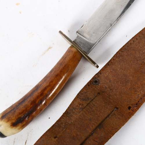 137 - ROWBOTHAM - an Antique horn-handled knife with leather scabbard, length 20cm