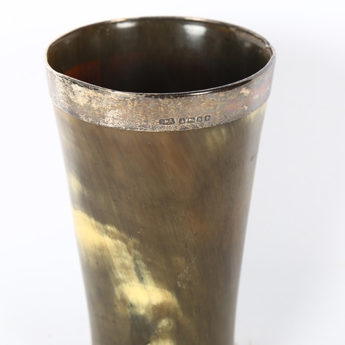 141 - A Victorian horn and silver-mounted beaker, with clear bottom, silver hallmarks for Birmingham 1862,... 