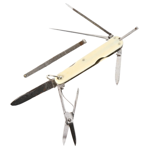 146 - HILL & HAY - a multi-bladed penknife, with scissors, bodkin, tweezers etc