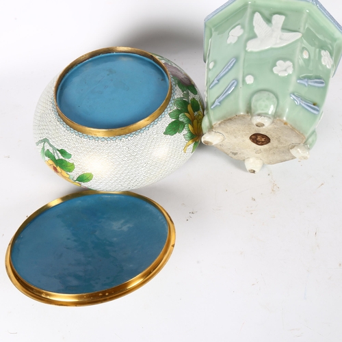 160 - A large cloisonne bowl and cover, diameter 25cm, and a Chinese style celadon octagonal planter