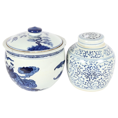 161 - A large Chinese blue and white ginger jar and cover, H22cm, and a large Chinese blue and white pot a... 