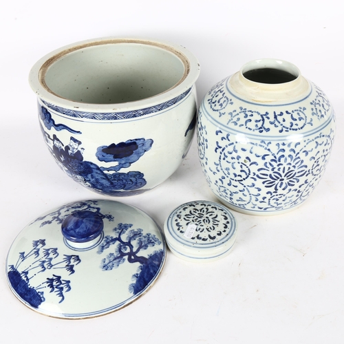 161 - A large Chinese blue and white ginger jar and cover, H22cm, and a large Chinese blue and white pot a... 