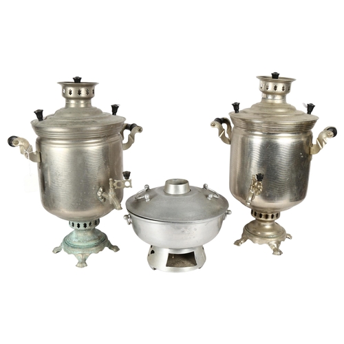 193 - A pair of large chrome plated 2-handled tea urns, H49cm, and another (3)