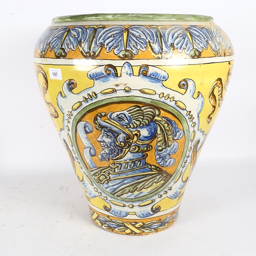 197 - A large 19th century Italian Maiolica jardiniere, with portrait panels, H50cm