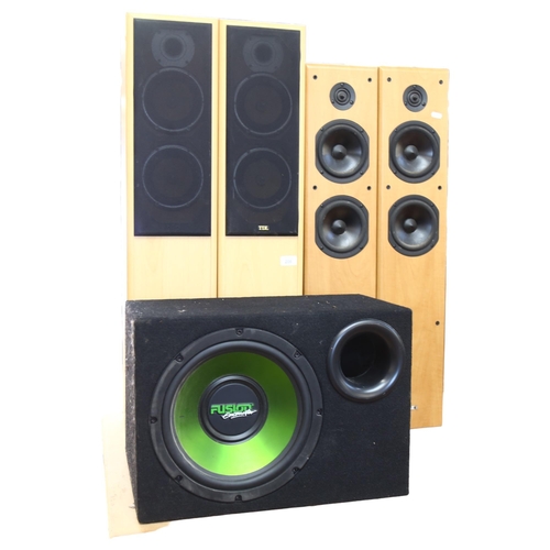 206 - A Fusion Encounte amp FE-402 sub-woofer, a pair of TDL floor standing loud speakers, model Nucleus K... 