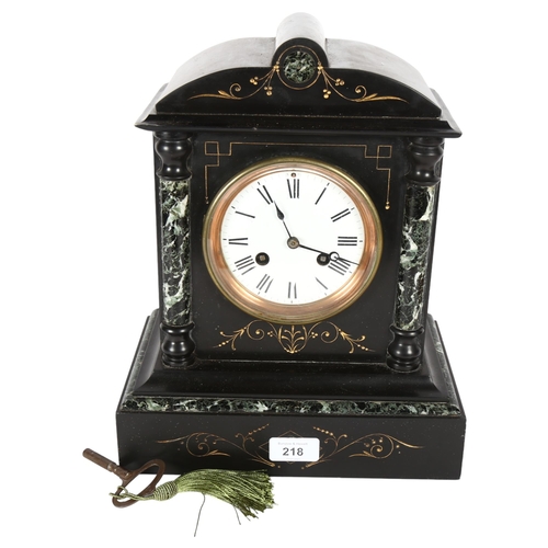 218 - A French marble mantel clock, 8-day movement with key and pendulum, movement marked with R&C French ... 